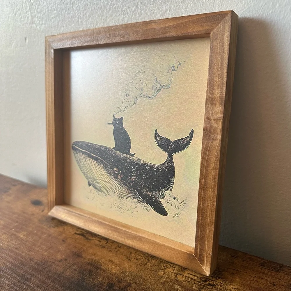 Framed Cat Smoking on a Whale Wooden Art Wall Decor 8x8